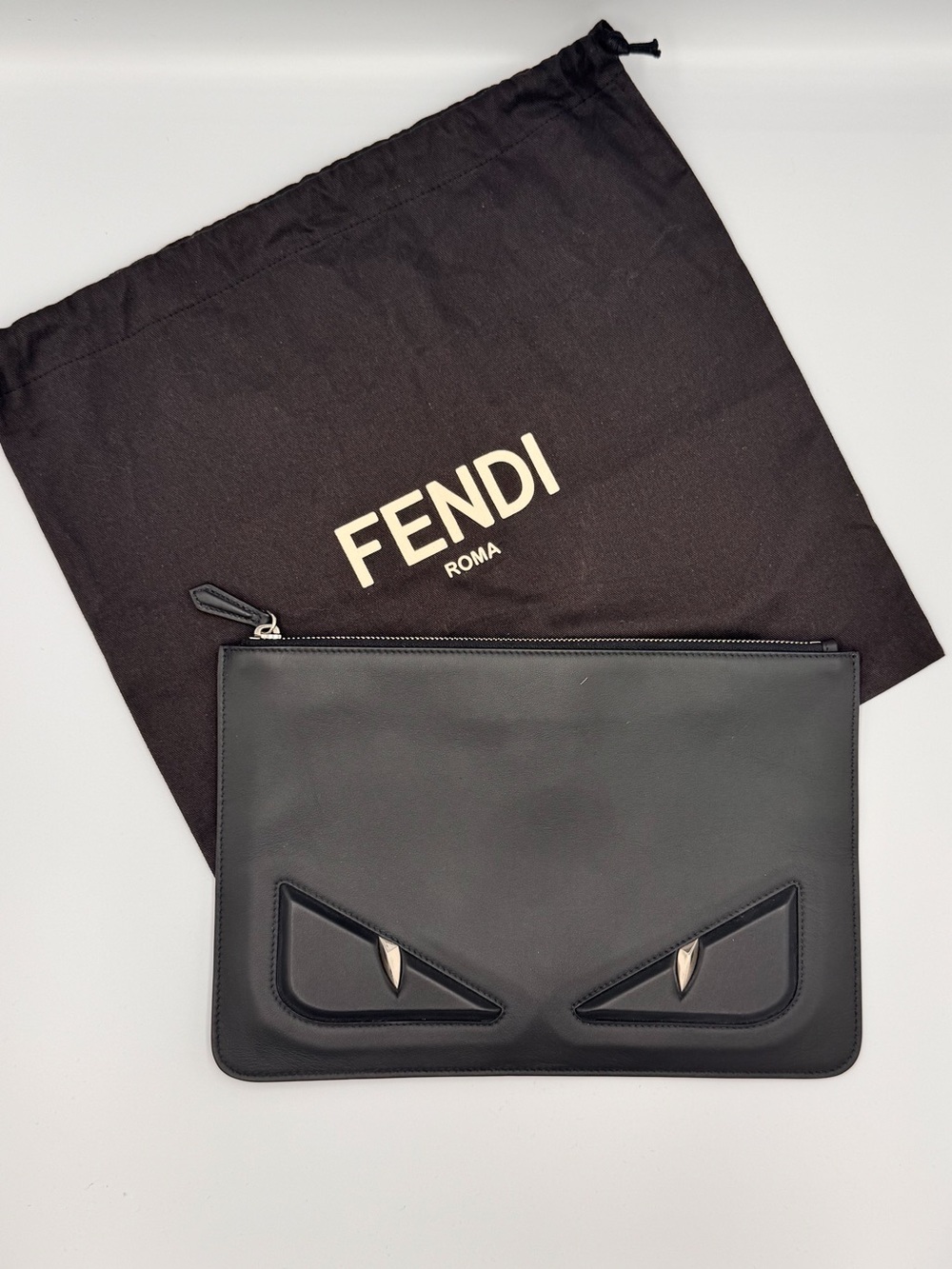 Fendi Black Leather Monster Bag Bugs Zip Pouch with Silver Accents